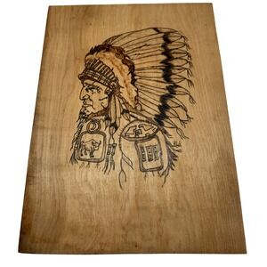 Vintage RLB Signed Wood Burned Art Native American Chief Headdress Pyrography